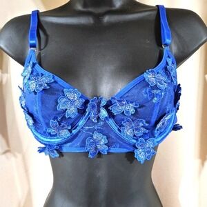 Blue mesh bra floral applique‎ size medium adjustable whimsical fairy coquette